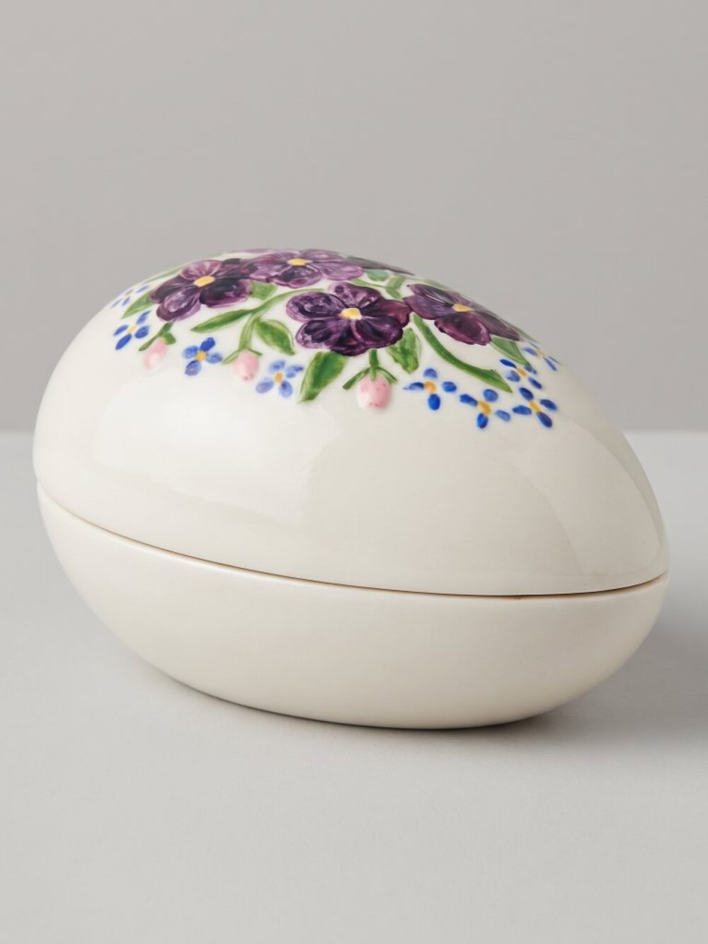 Vintage 1975 Bell Ceramics Hand Painted Purple Floral Egg Trinket Box 5.5”